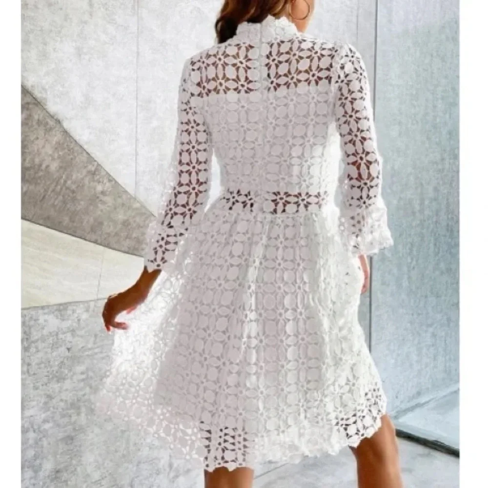 Classic Lace Frill Neck Long Sleeve Party Dress - Picture 10 of 13